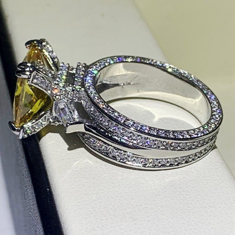 Victoria Classical Jewelry 925 Sterling Silver Princess Cut Yellow Topaz CZ Diamond Eiffel Tower Promise Women Wedding Engagement Band Ring
