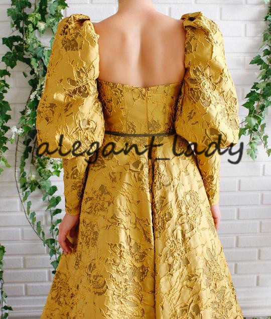 Dubai Arabian Golden Lace Evening Dress 2020 Sweetheart Puffy Long Sleeve Low Back High Slit Arabic Prom Formal Dress abendkleider