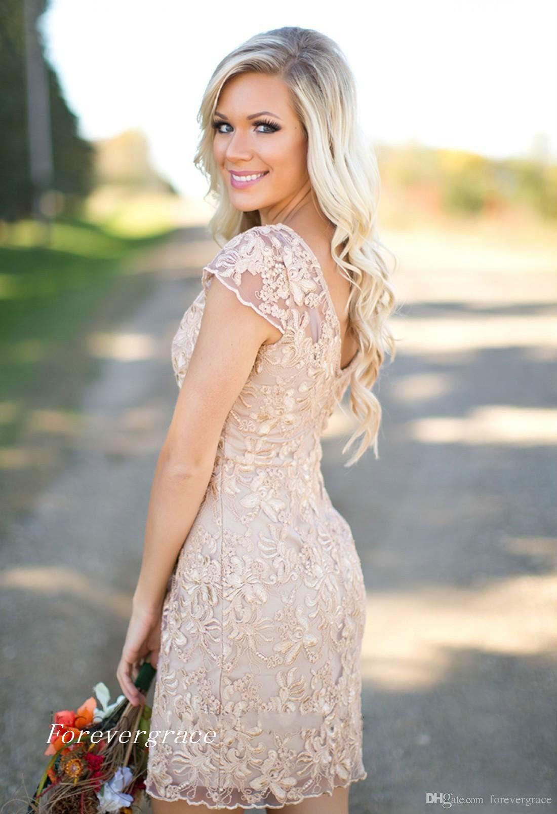 2019 Cheap Full Lace Country Bridesmaid Dress V Neck Short Sleeves Garden Wedding Party Guest Maid of Honor Gown Plus Size Custom Made