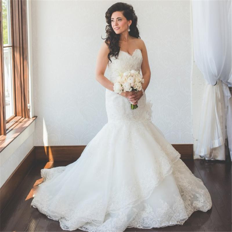 Lace Elegant Mermaid Wedding Dresses Sweetheart Neck Appliqued Bridal Gowns Trumpet Sweep Train Tulle Plus Size Vestidos De Novia