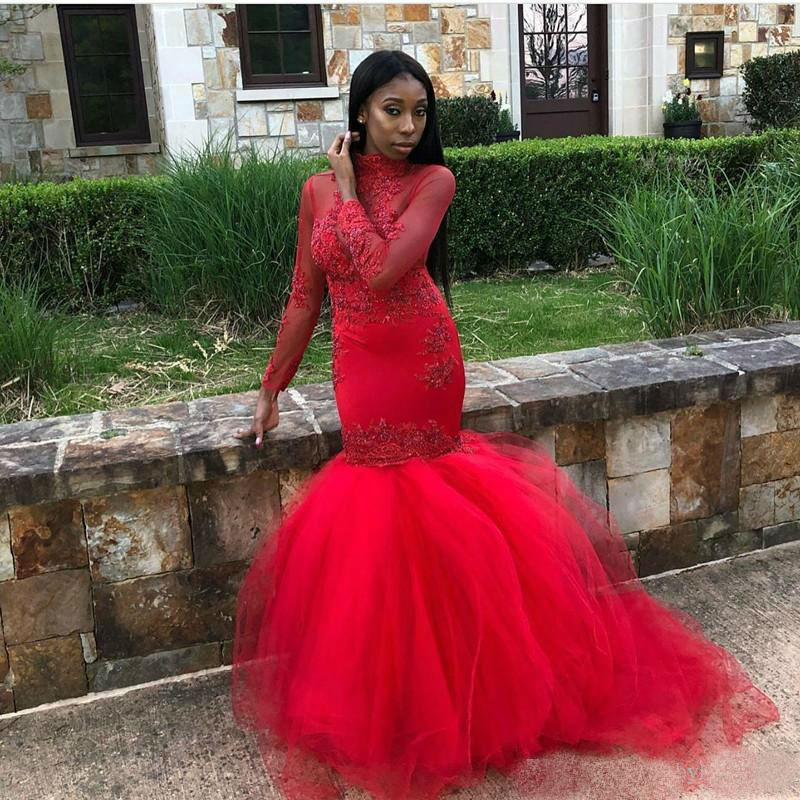 2019 Red Mermaid Prom Dresses High Neck Lace Applique Beaded Black Girls Evening Dress Long Sleeve Tulle Cocktail Party Gowns robes de soiré