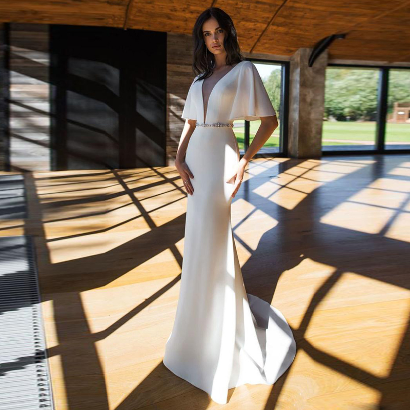 Graceful White Mermaid Evening Dresses with Crystal Belt Short Sleeve Sweep Train Formal Gown Backless Prom Dress 2019, Lavender
Graceful White Mermaid Evening Dresses with Crystal Belt Short Sleeve Sweep Train Formal Gown Backless Prom Dress 2019, Lavender