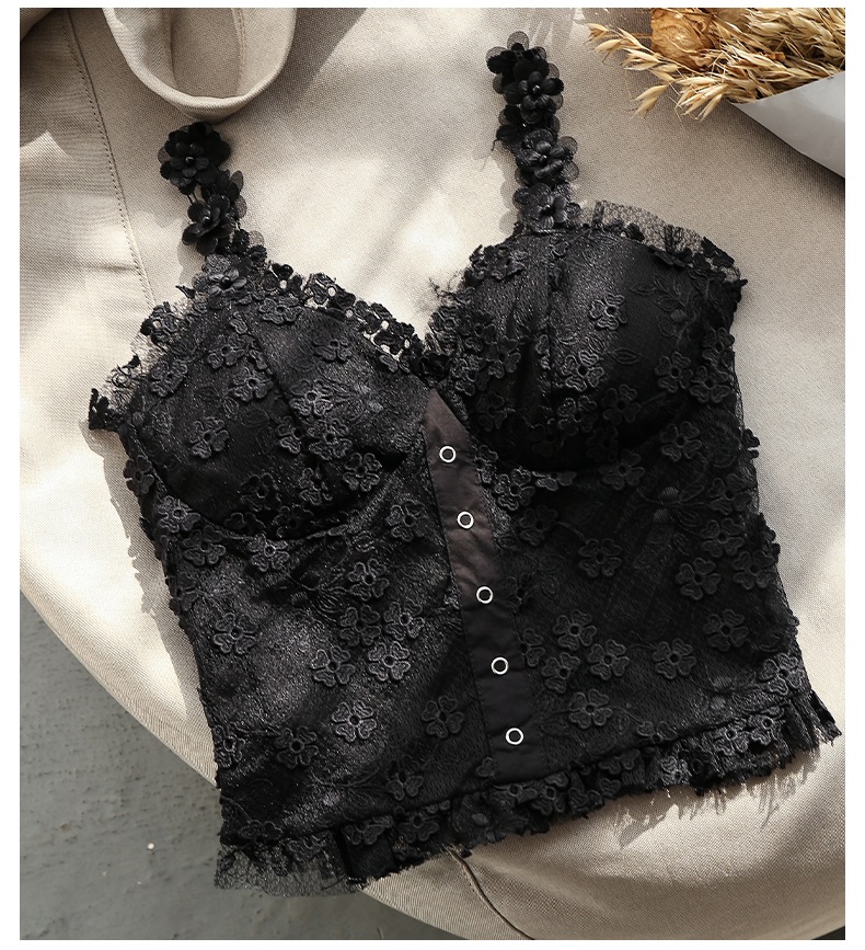 New design womens sexy 3D flower beading patchwork lace spaghetti strap padded bustier short vest camisole tank tops S M L