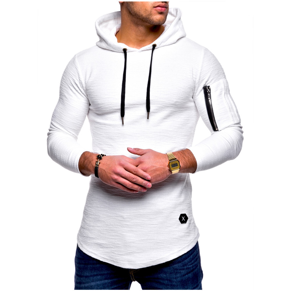 2021 Hoodies Men's Solid Color Round Neck Hooded Sleeve Arm Zipper European and American Style Long T-shirt