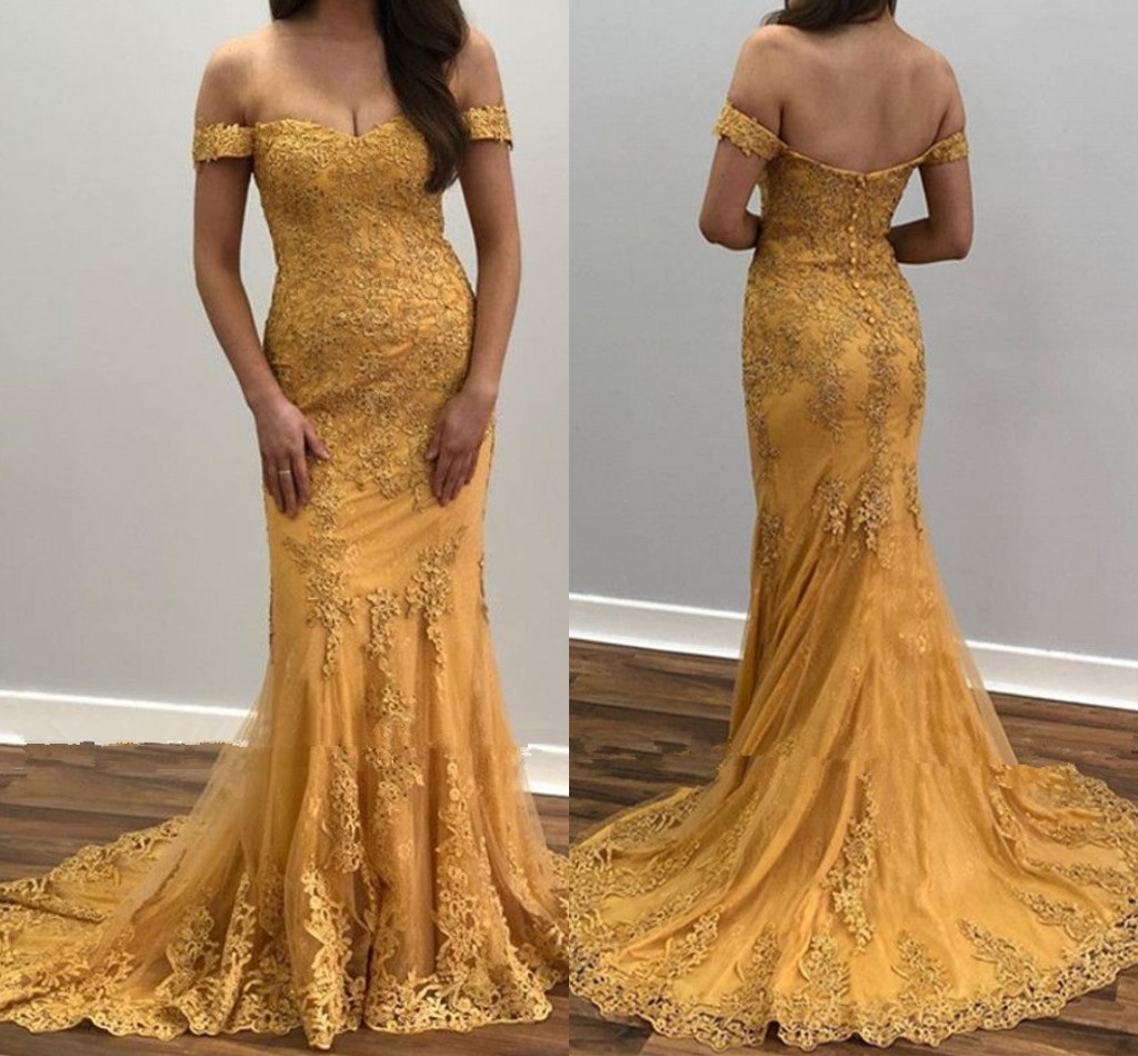 Modest Gold Lace Mermaid Evening Mother of the Bride Groom Dresses Off the shoulder with Sleeves Tulle Applique Formal Prom Dress, Daffodil
Modest Gold Lace Mermaid Evening Mother of the Bride Groom Dresses Off the shoulder with Sleeves Tulle Applique Formal Prom Dress, Daffodil