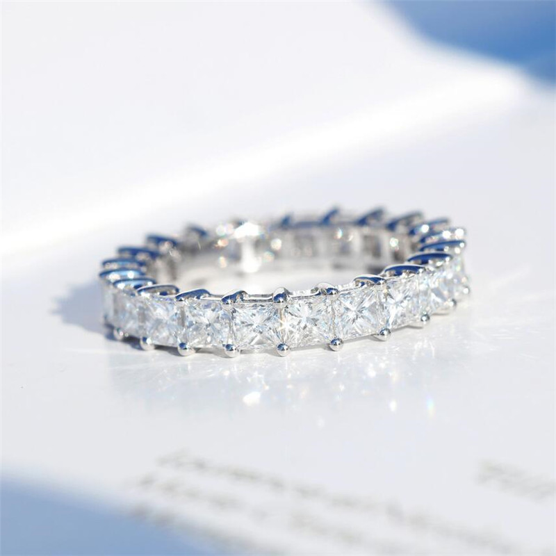 Classic Fine Jewelry Sterling Sier Full Princess Cut White Topaz CZ Dia Gemstones Eternity Square Party Women Wedding Band Ring
