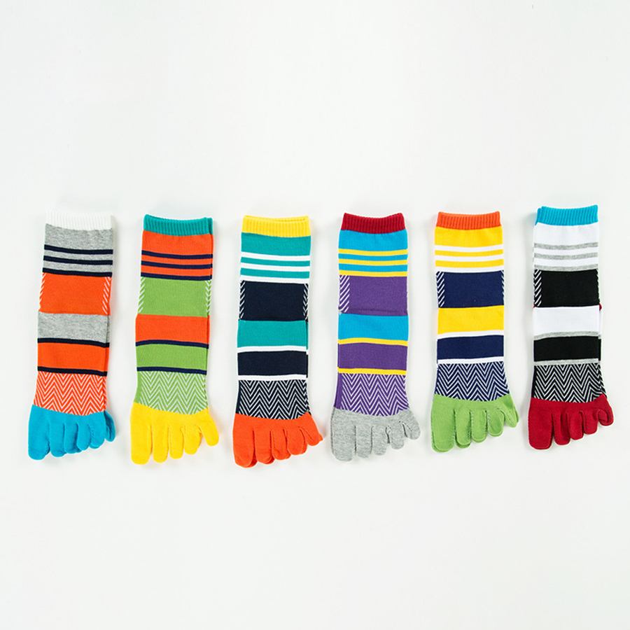 5 Pairs/lot Mens Summer Cotton Toe Socks Striped Contrast Colorful Patchwork Men Five Finger Socks Free Size Basket CalcetinesQ190401