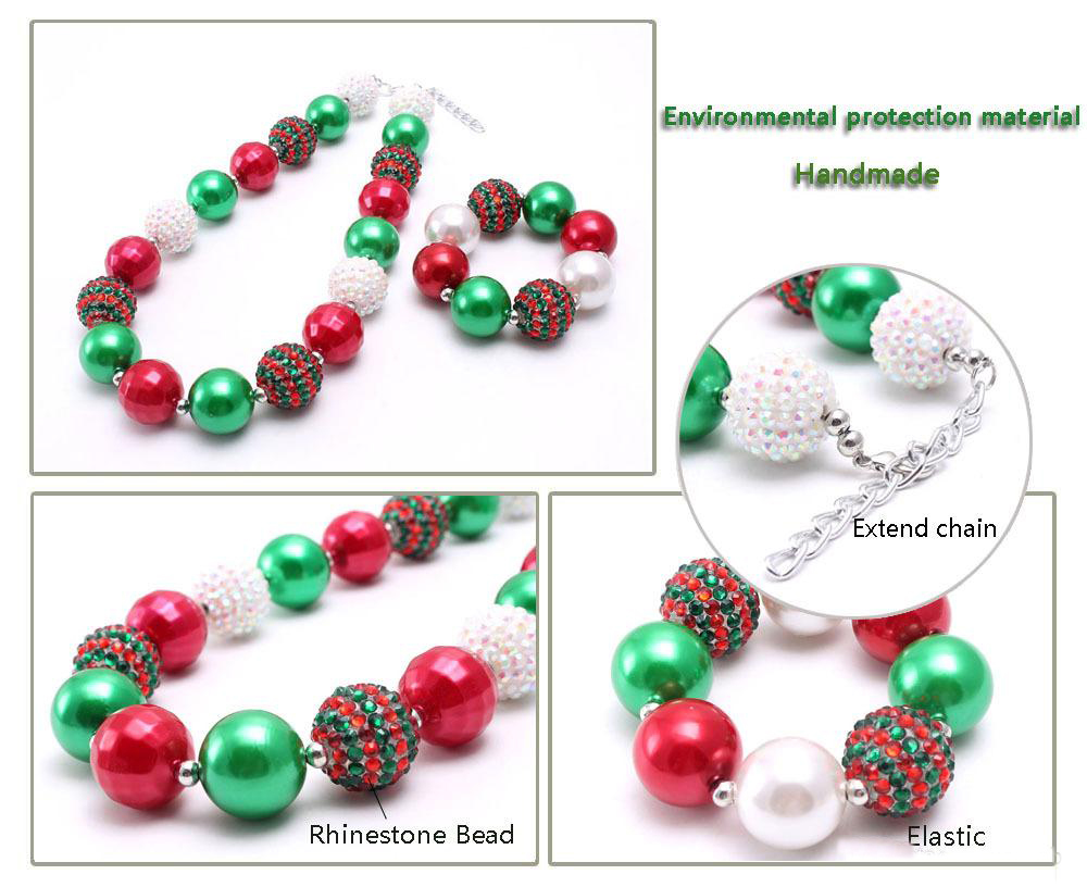 Christmas Girl Chunky Necklace bracelet 2pcs Set bubble beads boutique holiday Jewelry Sets Children Girl Gift