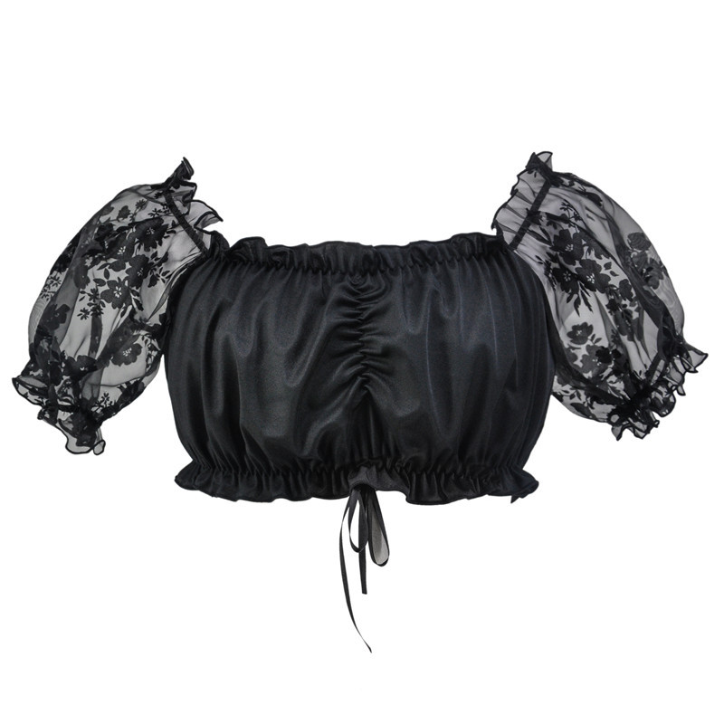 Women's Crop Top Plus Size S-6XL Lolita Lace Mesh Rose Floral Short Sleeves Costume Short Corset Top Blouse Shirt Scoop Neck Black White