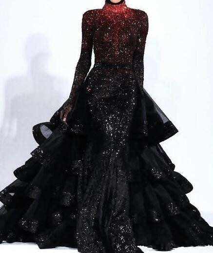 Two Tone Mermaid Sequins Prom Dresses with Detachable Ruffles Train 2020 Muslim Arabic Dubai Sparkly High Neck Occasion Evening Dress