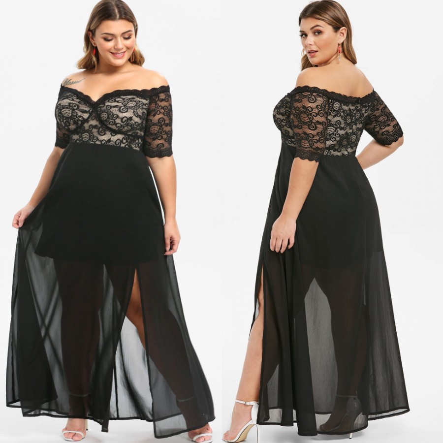 Cheap Black Lace Plus Size Prom Dresses Off The Shoulder Short Sleeves Evening Gowns A E Ankle Length Chiffon Side Split Formal Dress