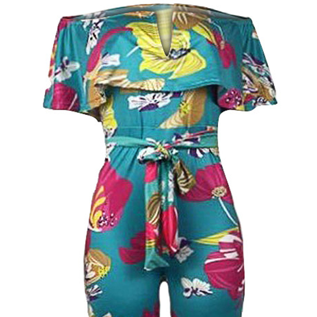 Jumpsuit bodycon rompers summer Women Floral Print Short Sleeve Bandage Off Shoulder Tight Jumpsuit Overalls Plus Size Playsuit T200107