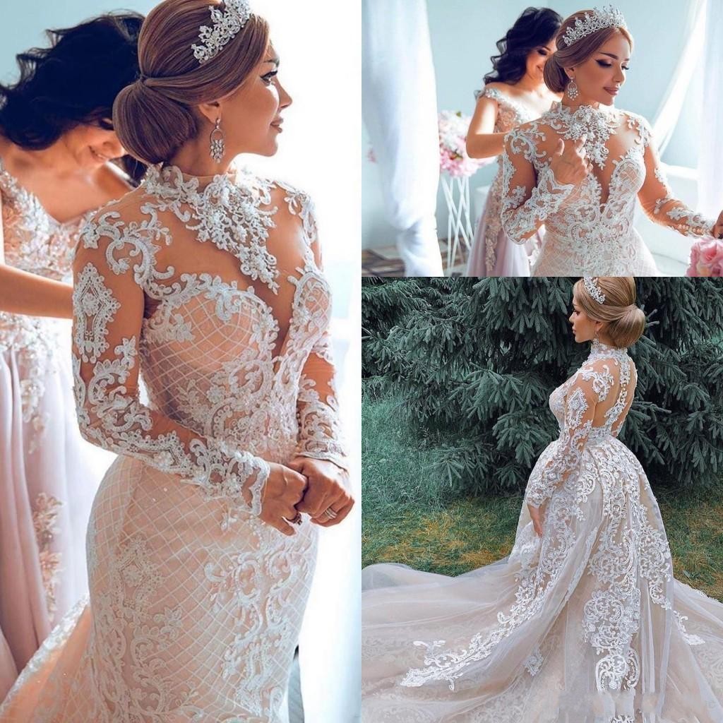 Blush Pink New Mermaid Wedding Dresses Long Sleeves High Neck Illusion Lace Appliques Beads Detachable Train Sexy Button Back Bridal Gowns