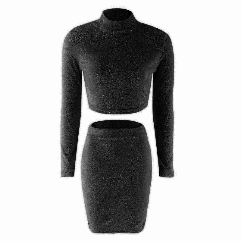 Echoine Women Party Sweaters Skirts Outfits Solid Long Sleeve Bodycon Stretch Casual Female Knitted Sweater Tops Skirt 2PCS Sets