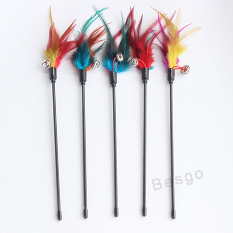 Cat Kitten Pet Teaser 38cm Turkey Feather Stick With Bell Wire Chaser Wand Toy Playing Interactive Toys DBC BH2864