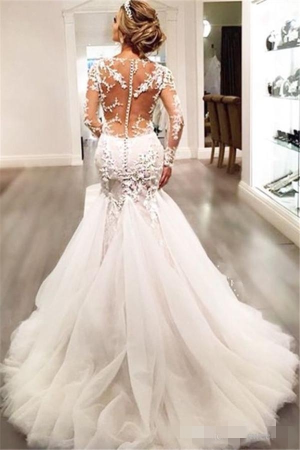 2019 Elegant Long Sleeves Mermaid Dresses Lace Applique Scoop Sheer Neck Sexy Illusion Back Covered Buttons Custom Made Wedding Gown