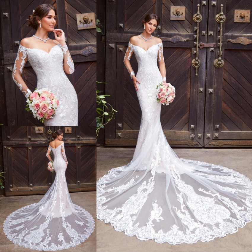 Mermaid Lace Modest Wedding Dresses Off The Shoulder Long Sleeves Bridal Gowns Buttons Back Trumpet Plus Size Robe De Marie