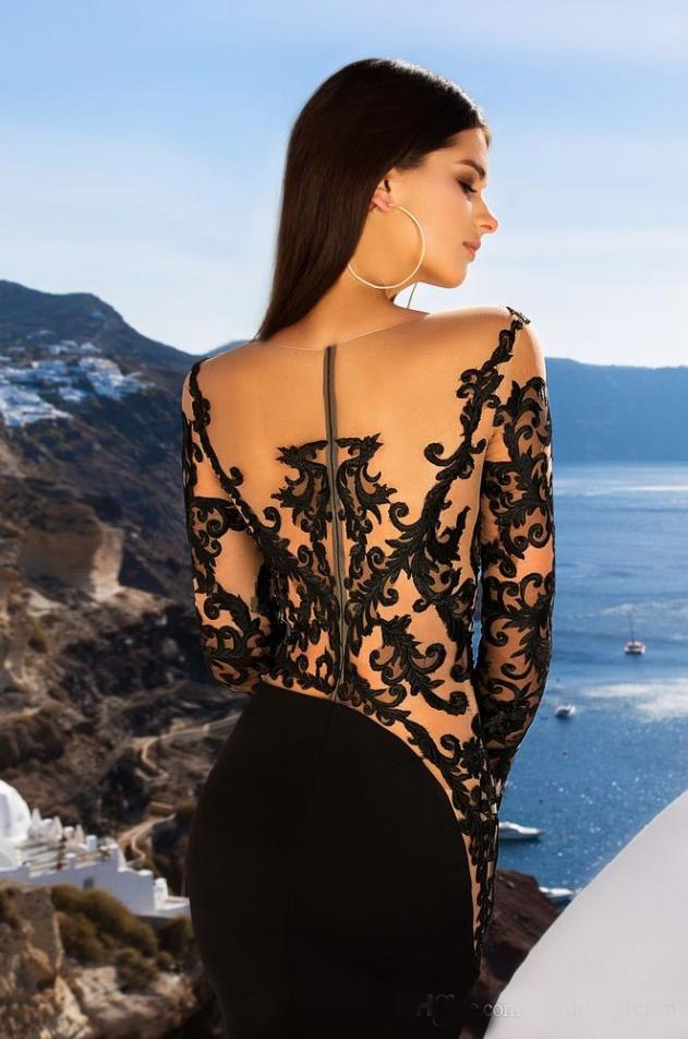 Sexy Black Mermaid Evening Dresses Jewel Neck Long Sleeve With Appliques Illusion Trumpet Celebrity Dress Custom Made Evening Party Gowns