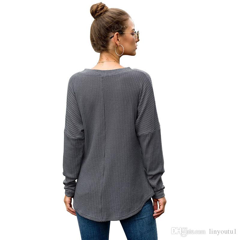 hot sale Women Autumn Blouse Waffle Button Up Front Oversize Loose Knit Blouse Shirt Tops Women Blusas 2019 Fall New