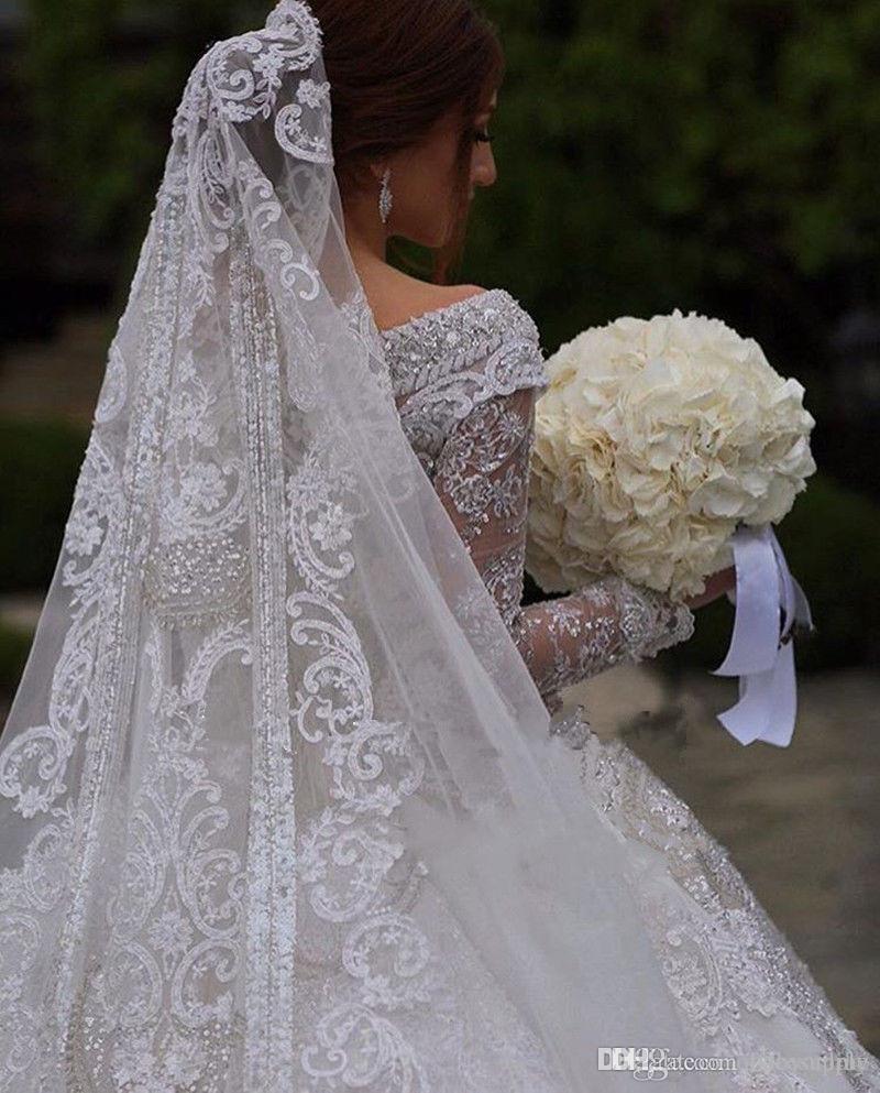 Ball Arabic Dubai Gown Dresses Off Shoulder Long Sleeve Lace Appliqued Sequins Wedding Dress Bridal Gowns Plus Size s