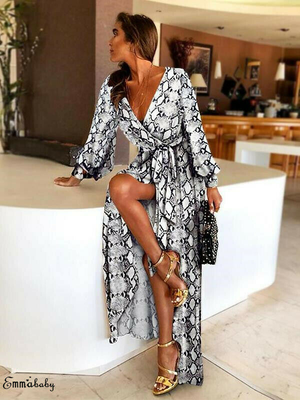 Women's Retro Vintage Boho Long Sleeve Deep V-Neck Letter Loose Print Splited Long Maxi Dresses Every Cocktial Party