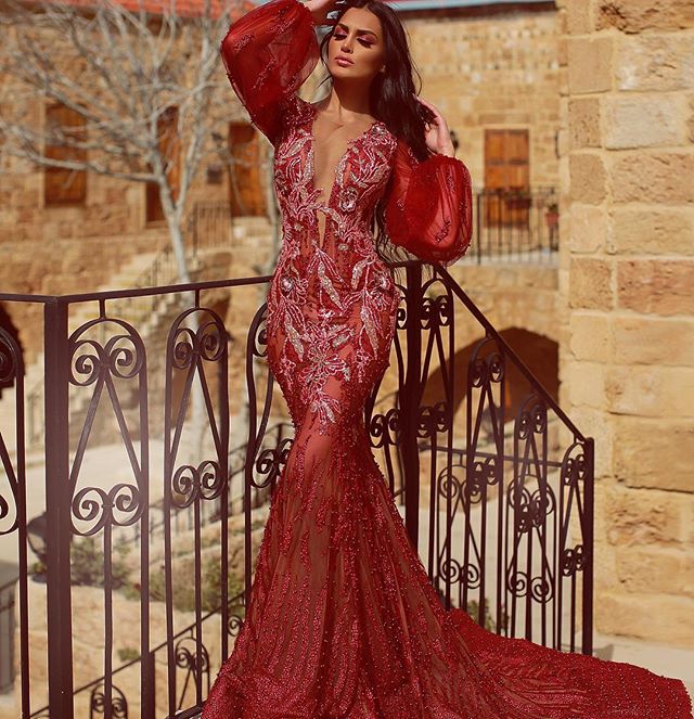 Ebi Arabic Aso Red Mermaid Evening Dresses Beaded Long Sleeve Illusion Lace Prom Dress Sexy V Neck Formal Party Pageant Gowns