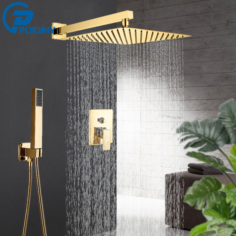 

Golden Bathroom Shower Faucets Set 3-Ways Rainfall System Wall Mounted 8 10 12'' Shower Head Brass tub Spout Hot Cold Mixer Tap T200612