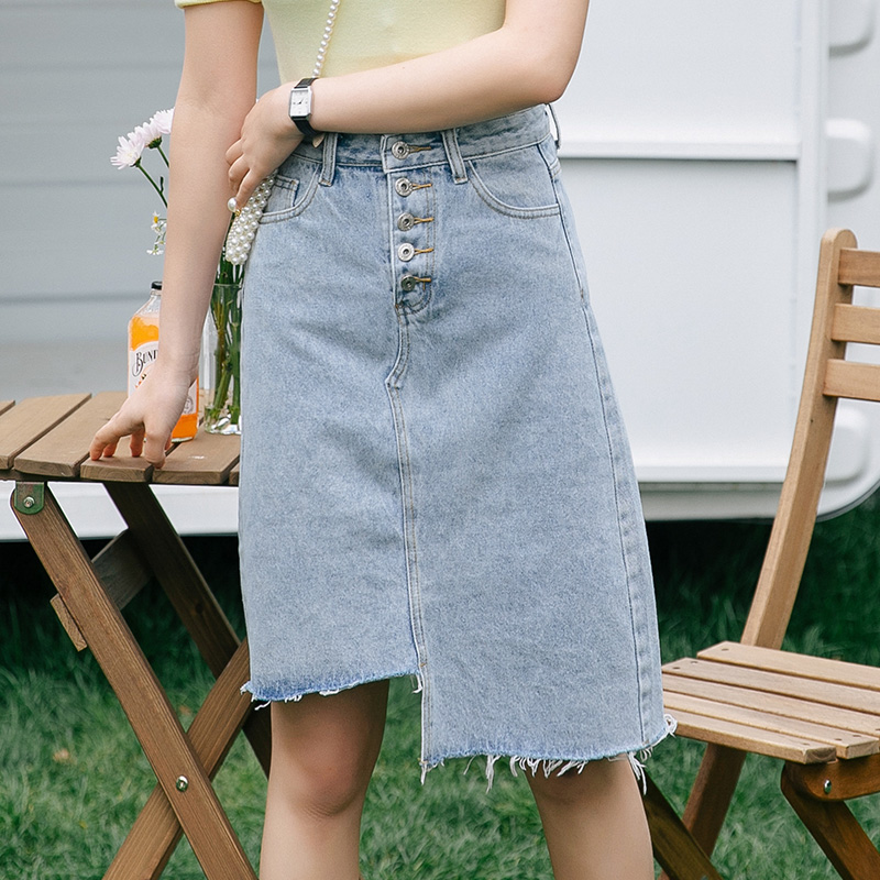 Pengpious irregular cut denim skirt for fashion lady washed back pockets frayed hem, Blue
Pengpious irregular cut denim skirt for fashion lady washed back pockets frayed hem, Blue