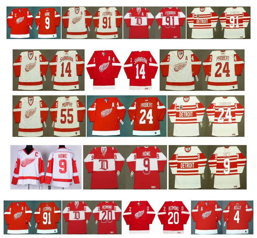 Vintage Detroit Red Wings Jerseys 14 Brendan Shanahan 24 BOB PROBERT 55 LARRY MURPHY 9 Gordie Howe 91 Sergei Fedorov 20 REDMOND CCM Hockey, Black;red
Vintage Detroit Red Wings Jerseys 14 Brendan Shanahan 24 BOB PROBERT 55 LARRY MURPHY 9 Gordie Howe 91 Sergei Fedorov 20 REDMOND CCM Hockey, Black;red