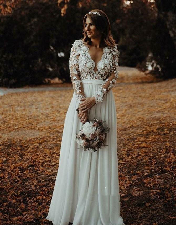 Cheap Bohemian Long Sleeves Wedding Dress A Line Chiffon Beach Country Garden Church Formal Bridal Gown Custom Made Plus Size