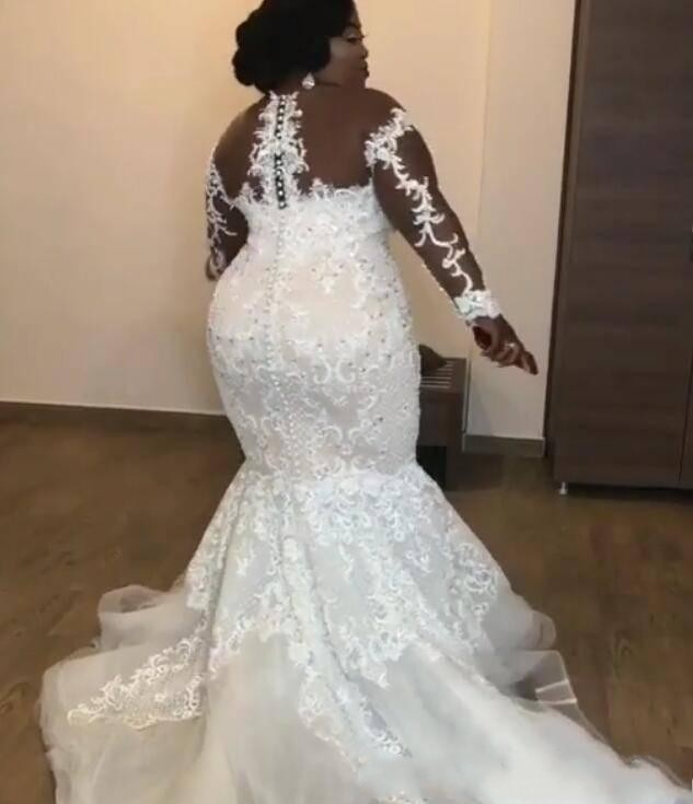 2019 African Plus Size Mermaid Cheap Wedding Dresses Off Shoulder Sheer Neck Lace Appliques Beaded Long Sleeves Court Train Bridal Gowns