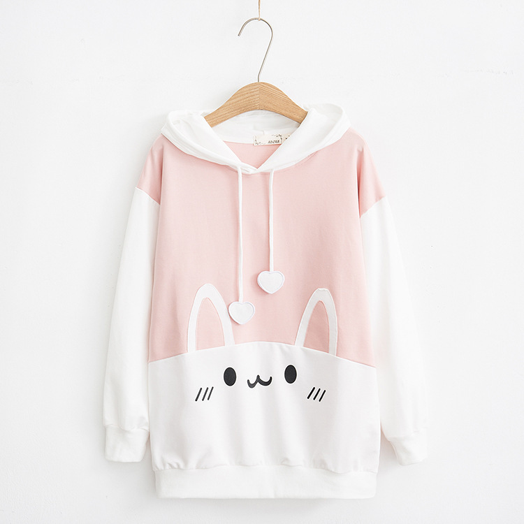 Spring Autumn Japanese Style Cute Rabbit Women Hoodie Kawaii Bunny Ears Graphic Fashion Sweatshirts Lovely Pink Blue Pullovers CJ191216