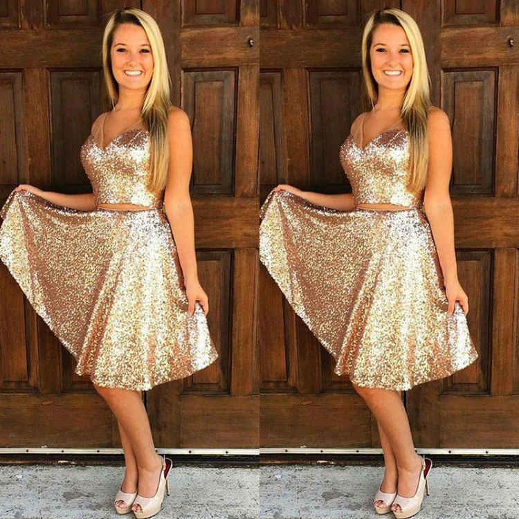 Sexy Rose Gold Sequin Short Prom Dresses V Neck Two Piece Formal Cocktail Party Dresses Cheap Glitter Evening Gowns Knee Length homecoming