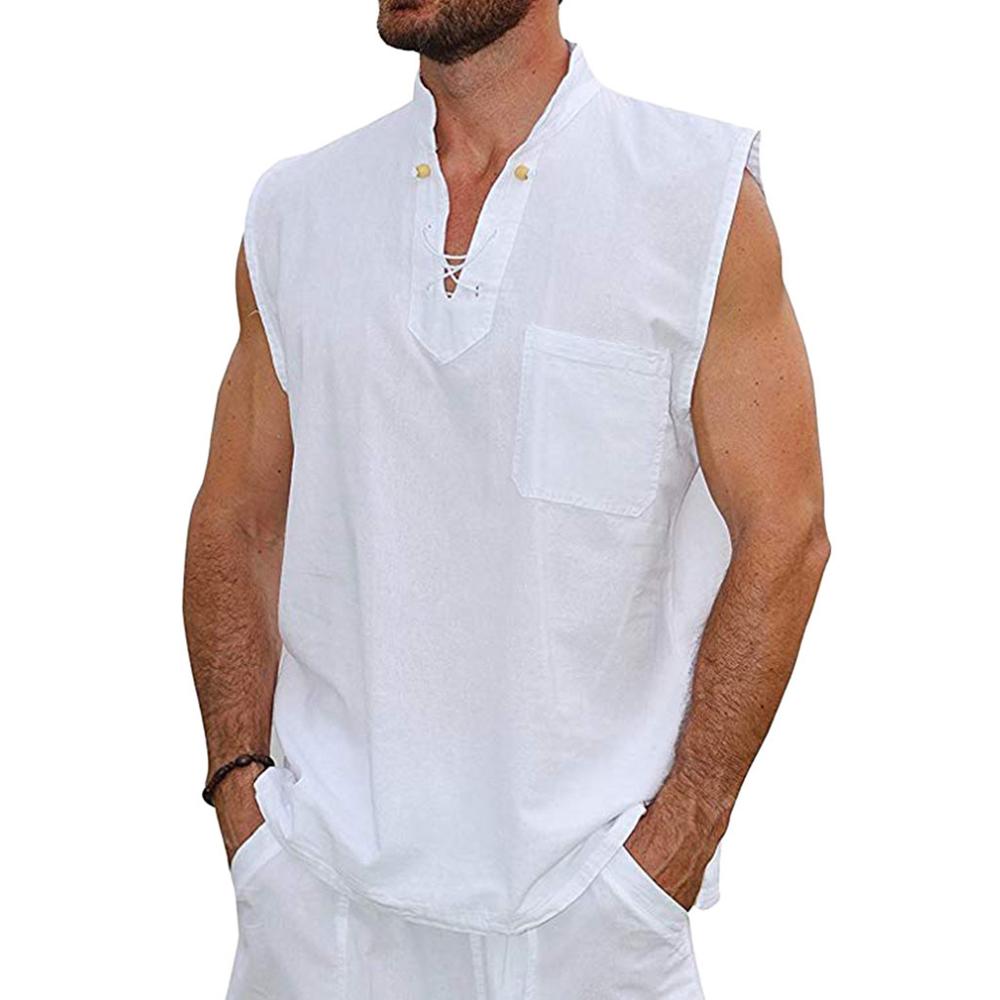 Wholesale-Fashion Men's Summer Slim Casual Multicolor Cotton Linen Short-sleeved Shirt loose Vest Large Open-Forked Male Vest tank top