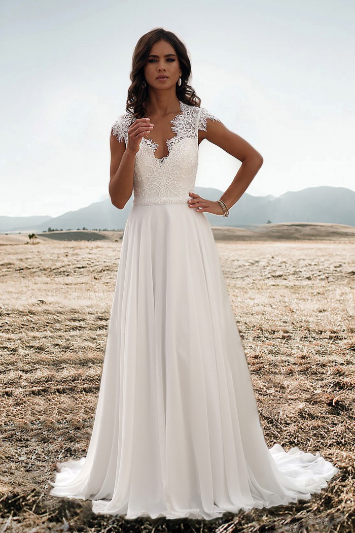 2019 Chic Bohemian Wedding Dresses V Neck Chiffon Lace Cap Sleeve Sash A Line Boho Wedding Dress Sweep Train Cheap Beach Bridal Gowns