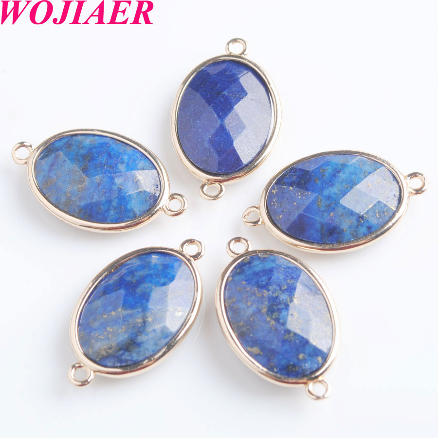 WOJIAER Oval Natural Facted Gem Stone Loose Beads Double Hole Pendant Connector for Female Necklaces Jewelry Making BZ903