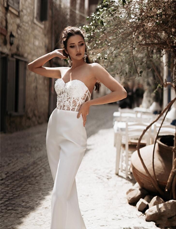 New Arrival Cheap A e Jumpsuits Wedding Dresses Sweetheart Lace Satin With Overskirts Bridal Gowns Pants Dress Vestidos De Novia