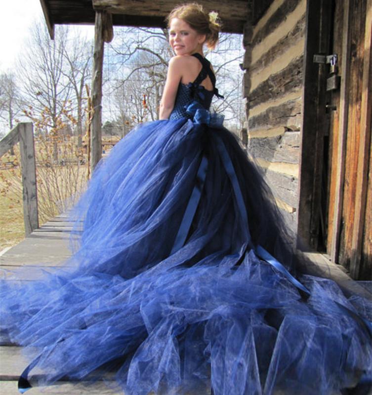 wer Blue Girls Dresses Straps Tulle Chapel Train Sash Bow Princess Formal Wedding Party Gown Ballgown Pageant Wear Custom Made