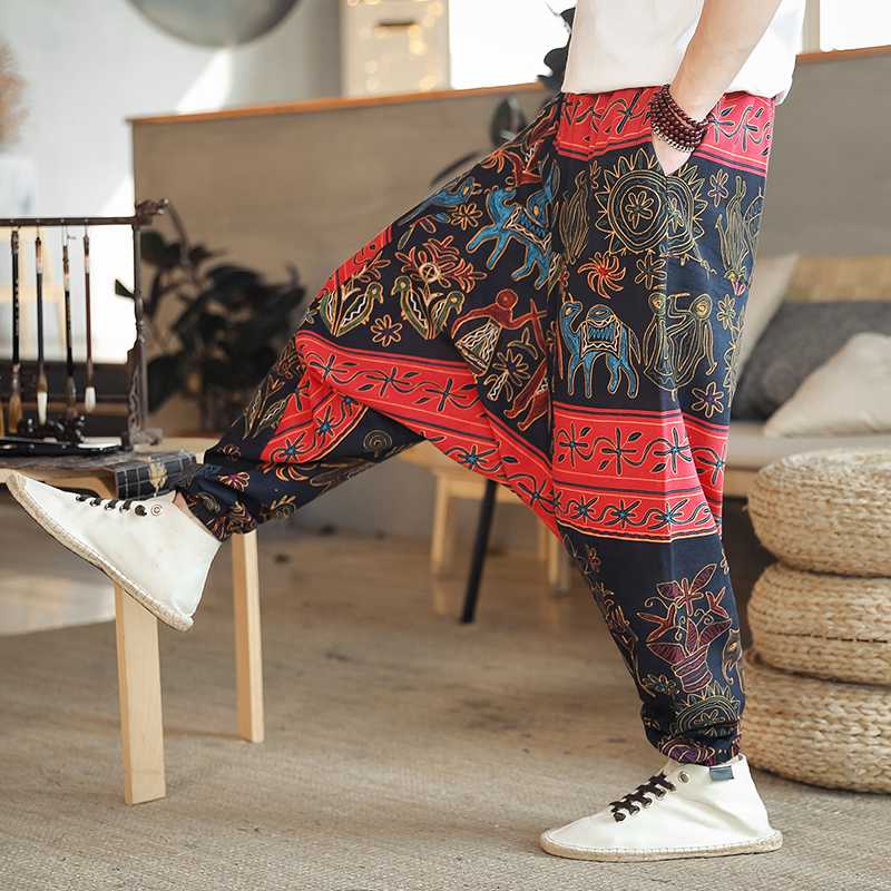 Men's Casual Trousers Summer Japanese Crotch Pants Chinese Style Nepal Pants Linen Printed Men's Large Crotch Trousers, Camel