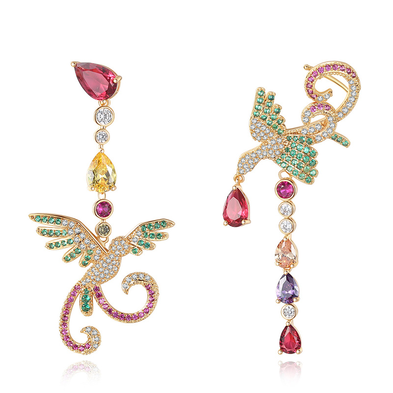 Bling Colorful Zircon Drop Earrings Chinese Phoenix Fine Jewelry Wedding Dangle Earrings for Women Gril Gift