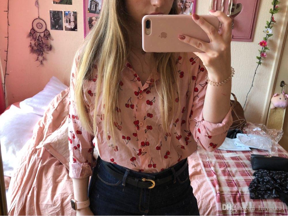 2020 Elegant Lapel Blouse Women Tops Sweet Cherry Print Shirts Long Sleeve Loose Spring Summer Ladies Office Shirt Plus Size