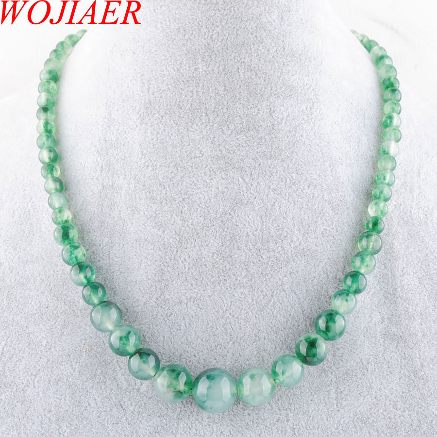 WOJIAER Natural Green Plum Olive Jade Necklace Gem Stone Graduated 6-14mm Round Beads Jewelry Necklaces 17.5" Strand Women BF300