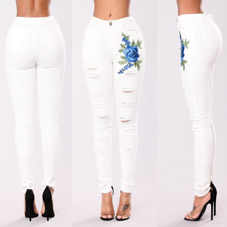 Wish Hot Sales WOMEN'S Pants Embroidery with Holes Beggar High Waist Jeans Foreign Trade Export Pencil Pants
