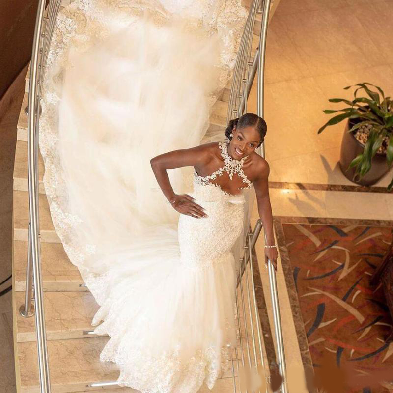 Charming High Colla Lace Appliques Mermaid Wedding Dresses r Button Back Long Train Church Wedding Gowns Pearls Tulle Country Bridal Dress
