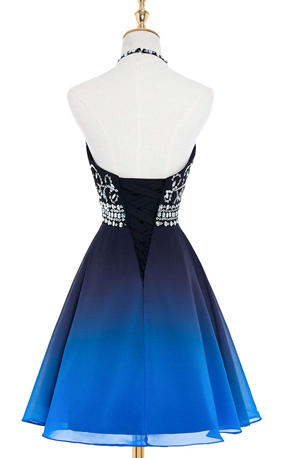 2021 Real Ombre Halter Crystals Gradient Prom Dresses Short Backless Chiffon Cocktail Homecoming Party Gown QC1314