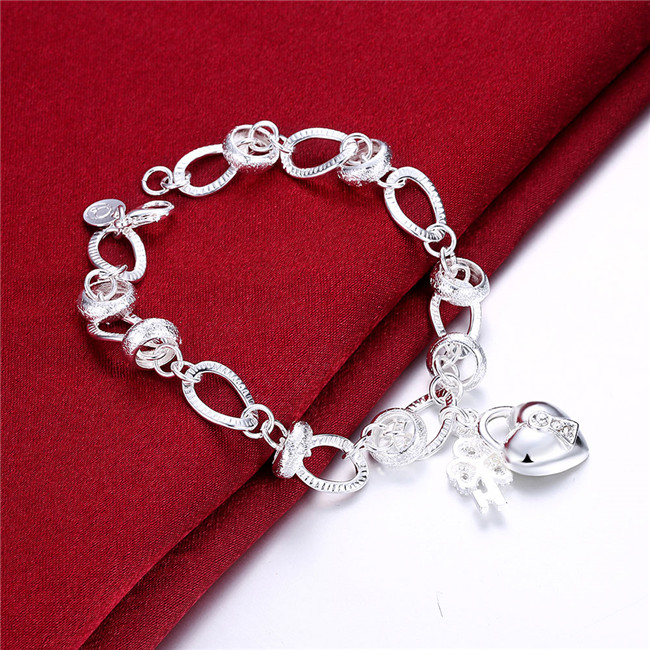 Hot sale 925 silver Hanging insets heart lock, flower spoon Bracelet DFMCH081,fashion 925 sterling silver plated Chain link bracelets