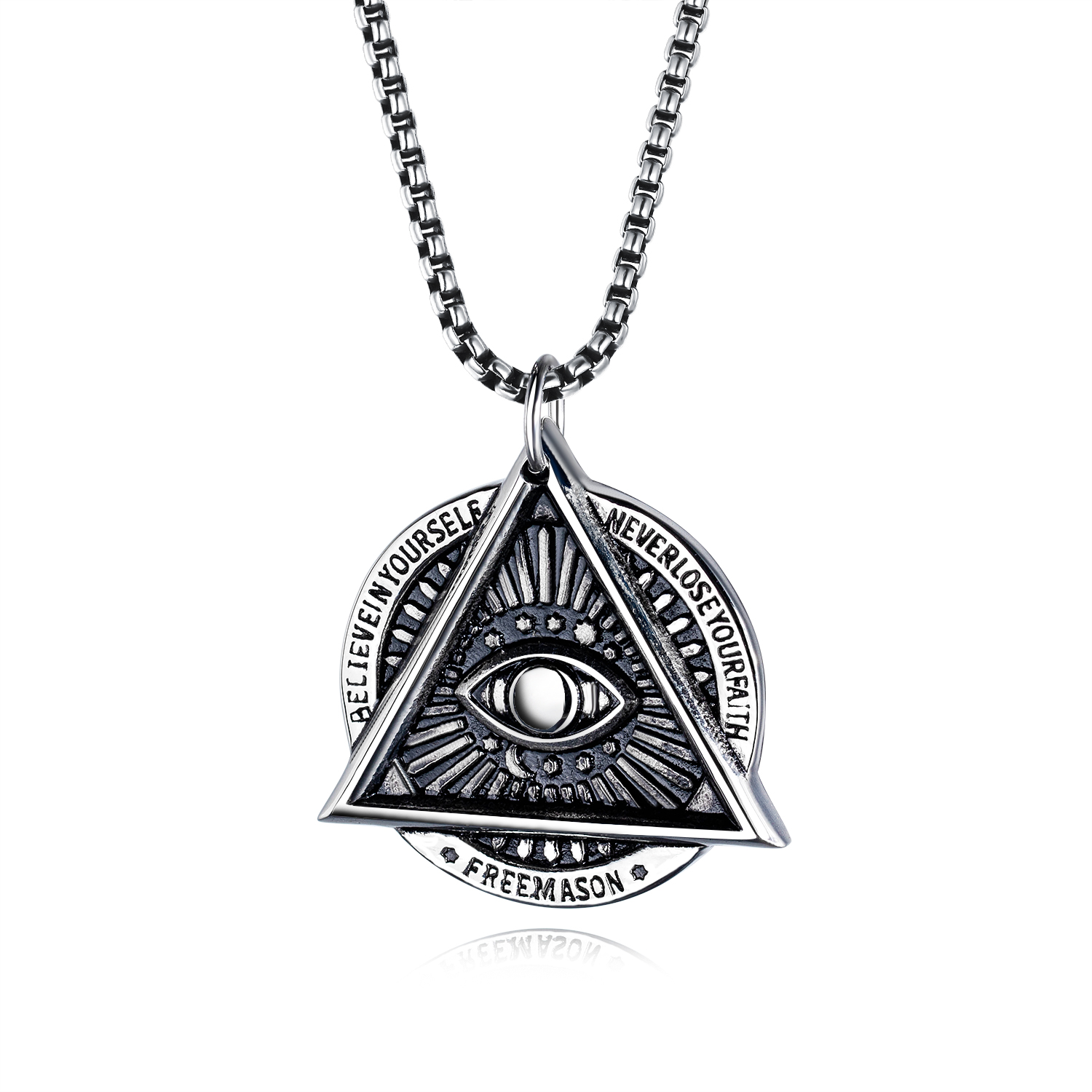 Eye of Providence Freemason Evil Eye Necklace in Stainless Steel Talisman Sign Medallion Gifts Illuminati Jewellery, Silver
Eye of Providence Freemason Evil Eye Necklace in Stainless Steel Talisman Sign Medallion Gifts Illuminati Jewellery, Silver