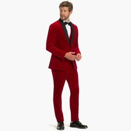 3 Pieces Red Velvet Mens Wedding Suits Black Shawl Lapel Groom Formal Wear Prom Tuxedos Best Man Blazer Suit (Jacket+Vest+Pants)
