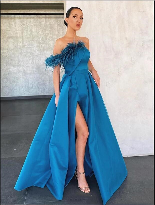 A Line Blue Prom Dresses Feather High Side Split Floor Length Formal Evening Dress Satin Ruffles Arabic Party Gowns, White
A Line Blue Prom Dresses Feather High Side Split Floor Length Formal Evening Dress Satin Ruffles Arabic Party Gowns, White