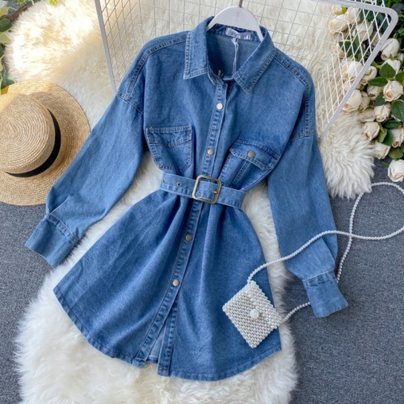 Denim Dress Women Autumn Winter 2020 New Lapel Long Sleeve Waist Show Thin Waist Casual Ladies Dresses, Black